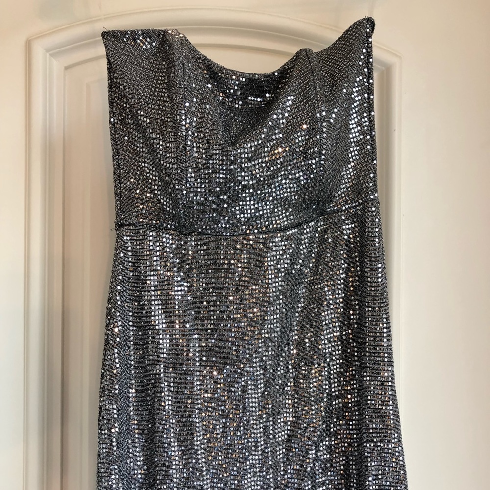 Full length cute silver sparkly strapless